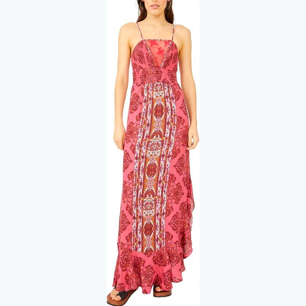 Free People That Moment Slip Boho Lace Maxi Dress Berry Combo Size Medium